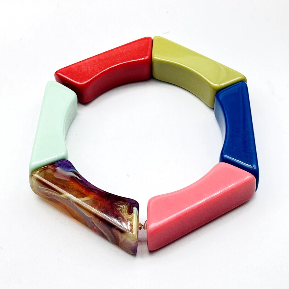 Multicolor Geometric Stretch Bracelet Chunky Color Block Statement Boho Mod